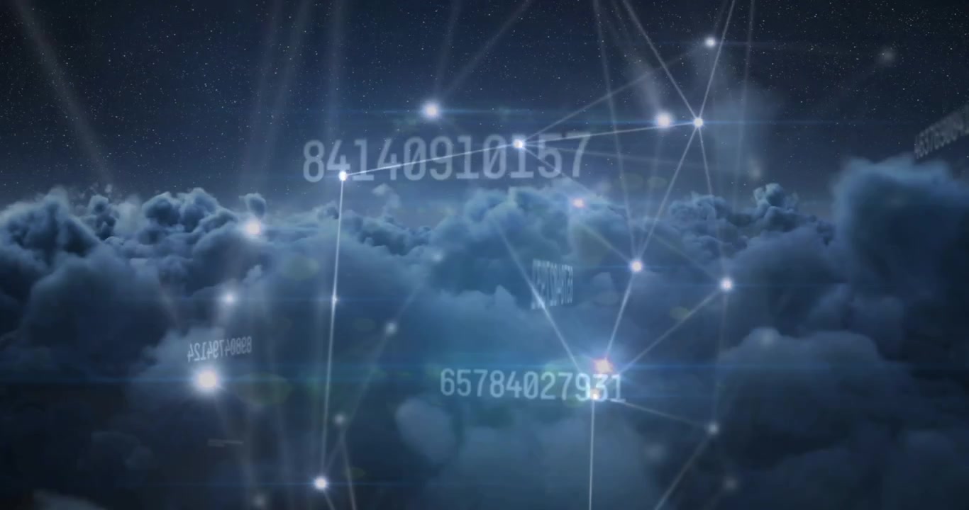 Animation of changing numbers and glowing network of connections against dark clouds in the sky