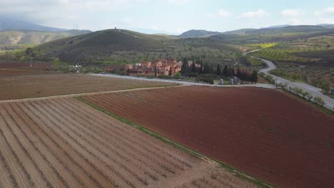 panorama of vineyards around hotel and winery at andalusia in granada, spain. - aerial