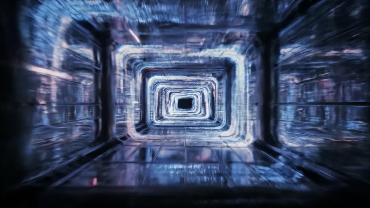 A Glimpse into a Futuristic Tunnel: A Dynamic Journey Through an Intricate Network of Glowing Pathways in a Visually Striking Sci-Fi Environment