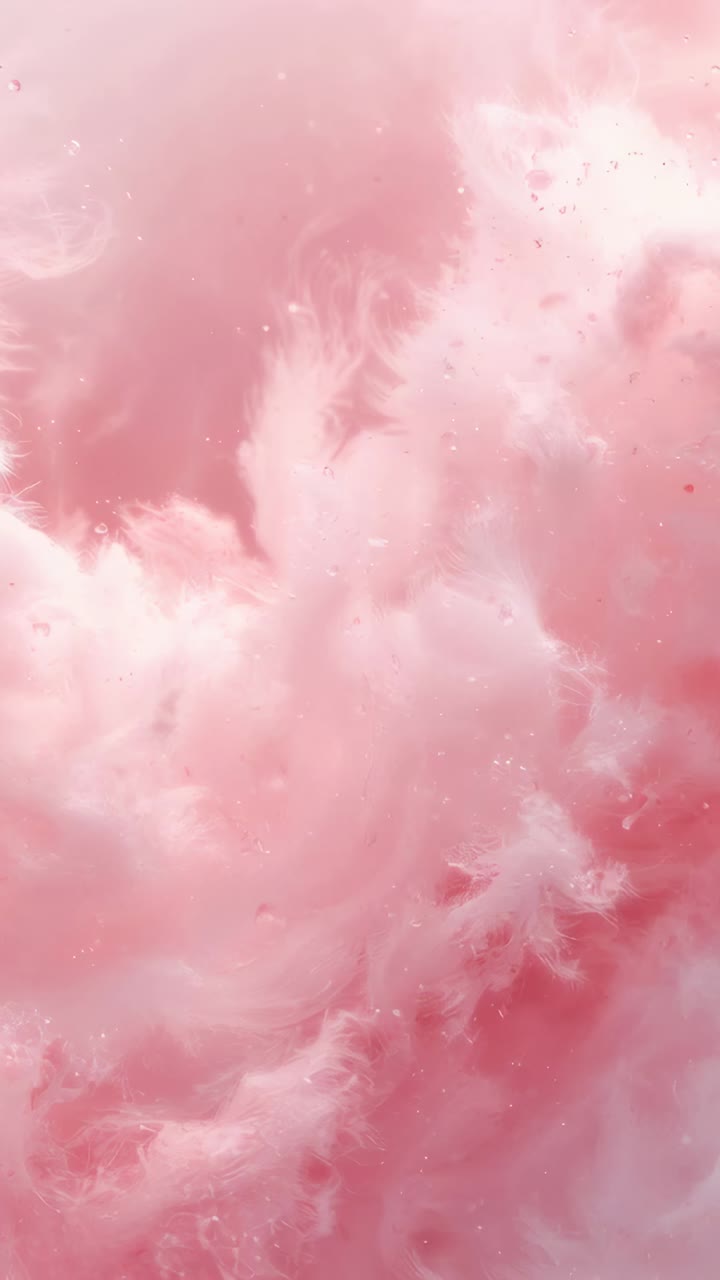Vertikales Video: Nahaufnahme von beginnenden rosa-weißen Schleiern, die fließen und verschmelzen, während dunkle Partikel treiben