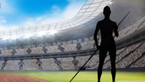 animation of silhouette of javelin throwers over sports stadium