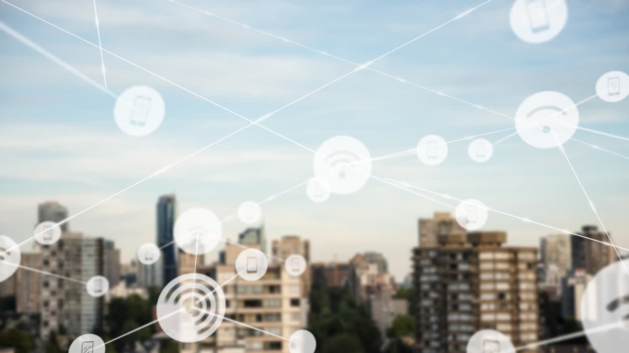animación de la red de conexiones con iconos sobre el paisaje urbano