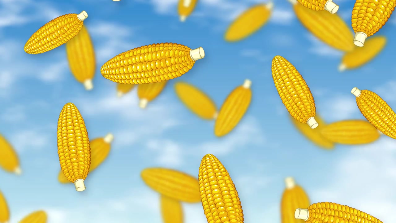 Stylized yellow corn cobs fall continuously against a sunny blue sky with soft clouds.
