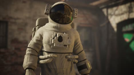 astronauta perdido cerca de edificios industriales abandonados de la vieja fábrica