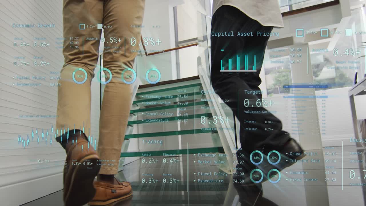Animation of data processing over diverse businessmen walking up the stairs in office
