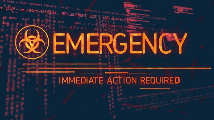 Biohazard icon sliding in over code UI, bar growing, text correcting into emergency action warning