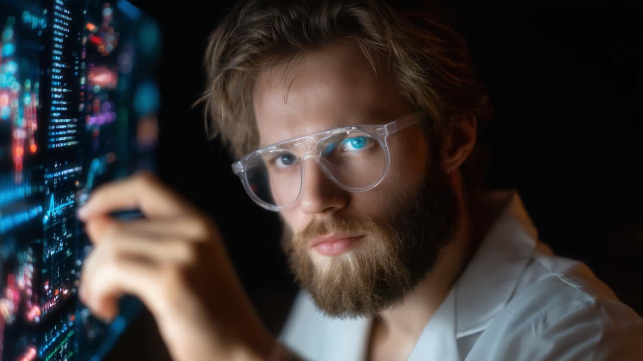 Un individuo concentrato che analizza dati complessi visualizzati con tecnologia avanzata in un ambiente oscurato, evidenziando l'intersezione tra scienza e innovazione