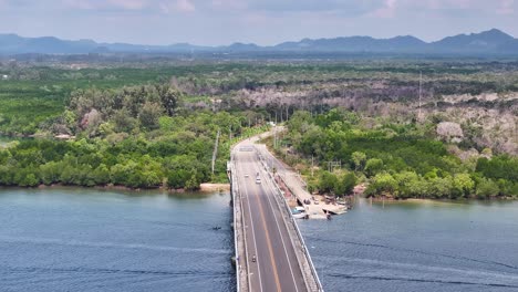 the siri lanta bridge connects the two largest islands in the koh lanta archipelago in thailand. aerial drone shot