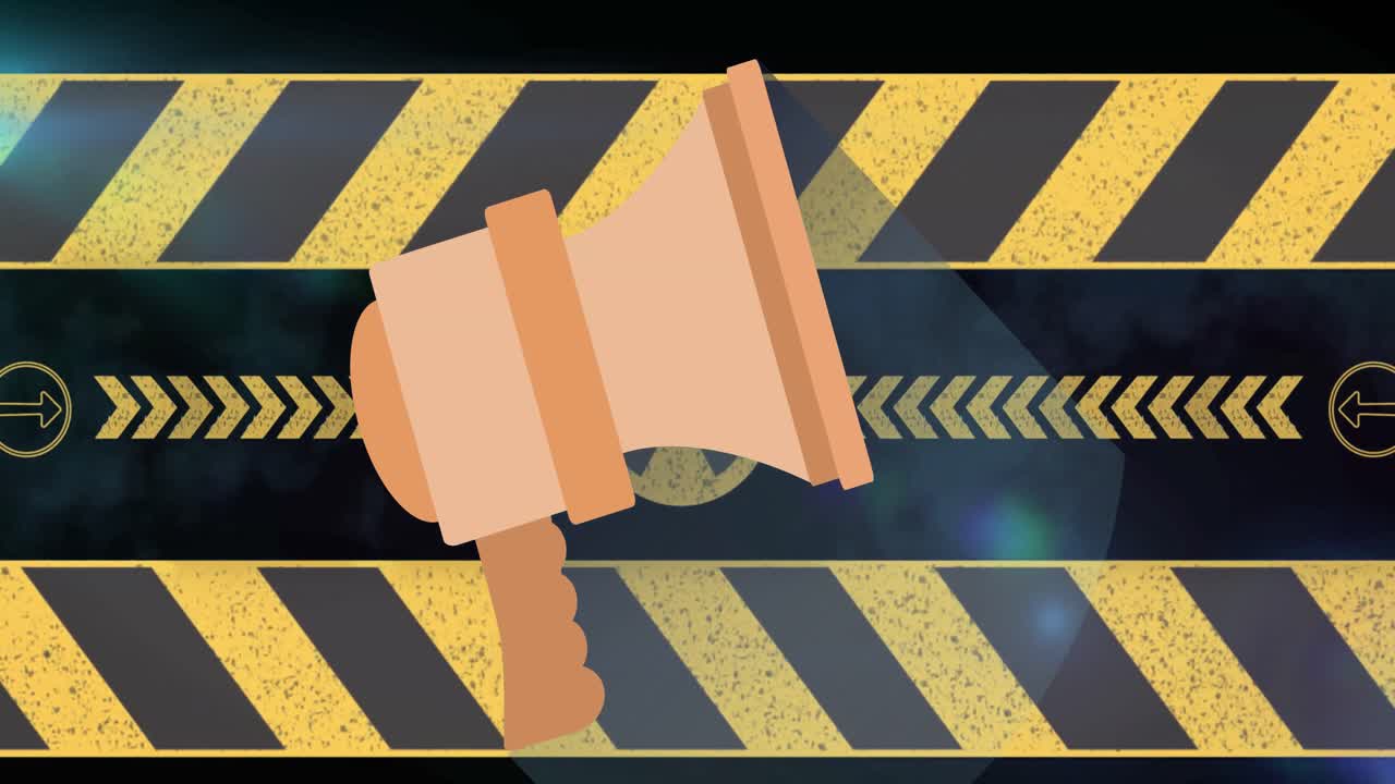 Animation of megaphone icon over yellow stripes on black backrgound