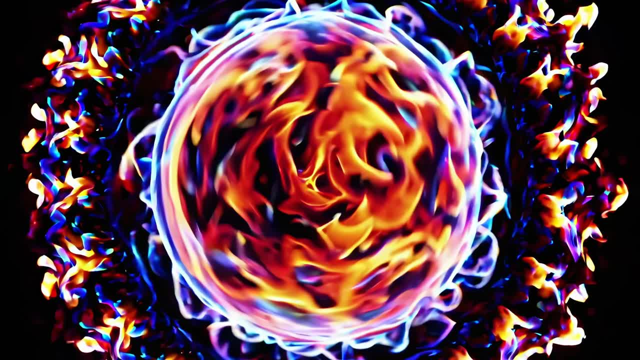 A vibrant, abstract video still of swirling flames in a spherical shape, captured from a top-down