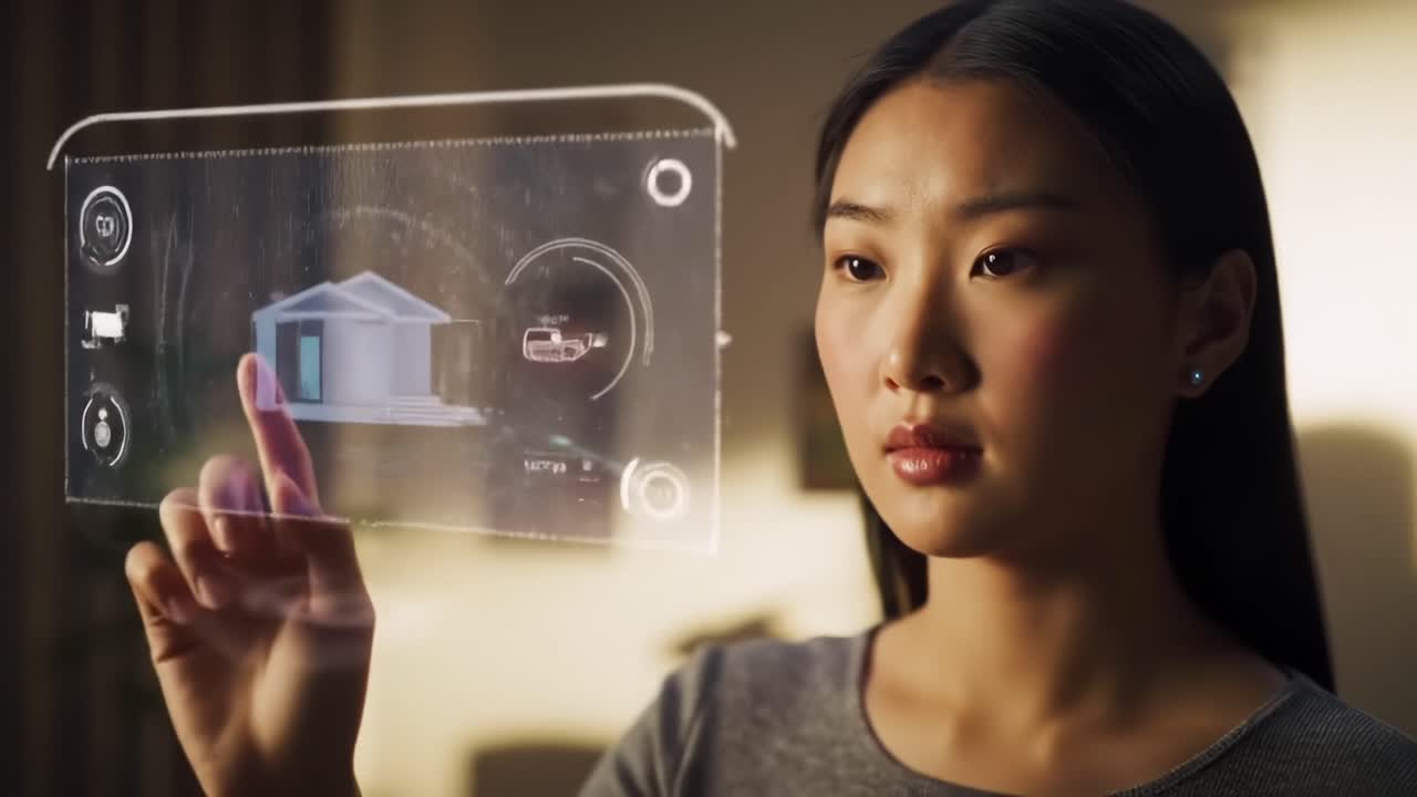 A thoughtful woman engages with advanced technology, visualizing a digital house display with her finger, blending reality and virtual possibilities in a modern setting