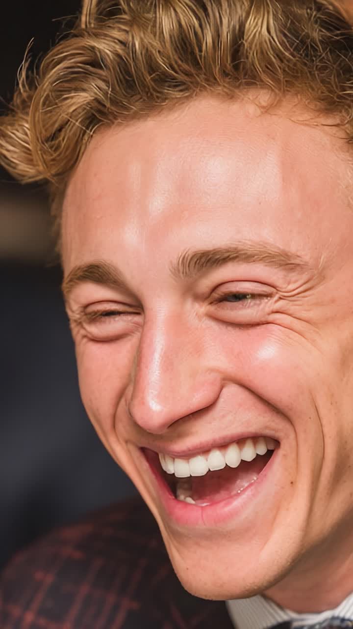 A Joyful Moment Captured: A Young Man's Infectious Laughter Revealing Happiness and Authentic Emotion in an Engaging Expression