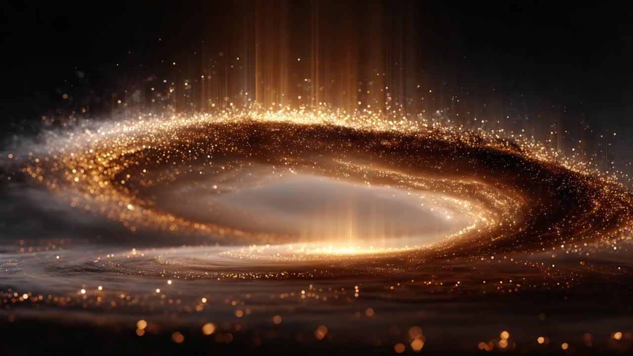 A Stunning Visualization of a Cosmic Phenomenon with Swirling Golden Light and Sparkling Particles Capturing the Essence of the Universe's Beauty and Mystery