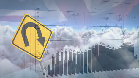 Animation-of-financial-data-processing-over-road-sign,-flag-of-uk-and-clouds