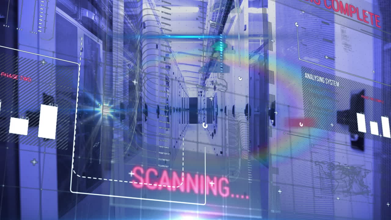 Animation of interface with data processing over empty computer server room