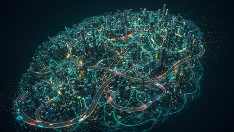 aerial view of a futuristic cityscape: a complex network of roads and skyscrapers illuminated by neon lights in an innovative urban environment