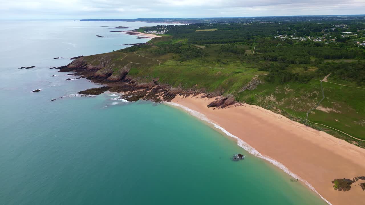 Cap d'Erquy tropical resort and tourist attraction with turquoise sea waters, Côtes-d'Armor, Brittany, France.