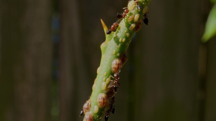 Ants On A Lemon Tree Stem In A Garden Environment Against Depth of Field.