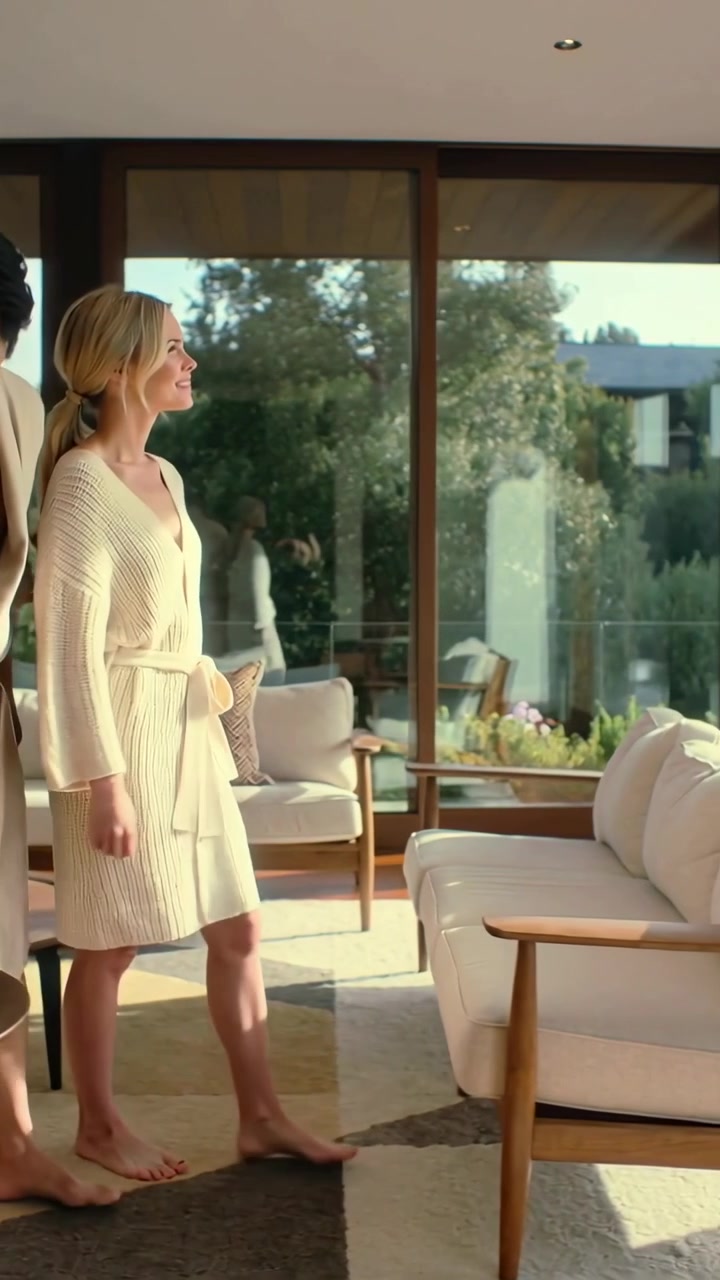 Video verticale: Donna in vestaglia color crema che osserva il panorama di un soggiorno illuminato dal sole con tavolo e vaso.