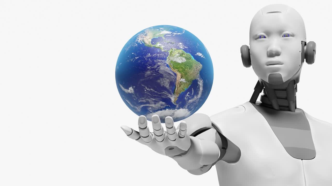 인공지능이 지구를 점령하고, 지구는 미래의 시나리오에서 인간형 사이보그의 원형의 손바닥을 회전시니다.