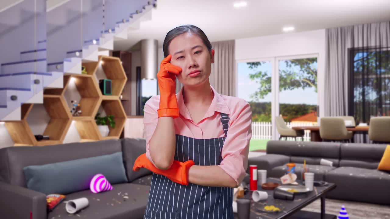 Woman cleaning a messy living room