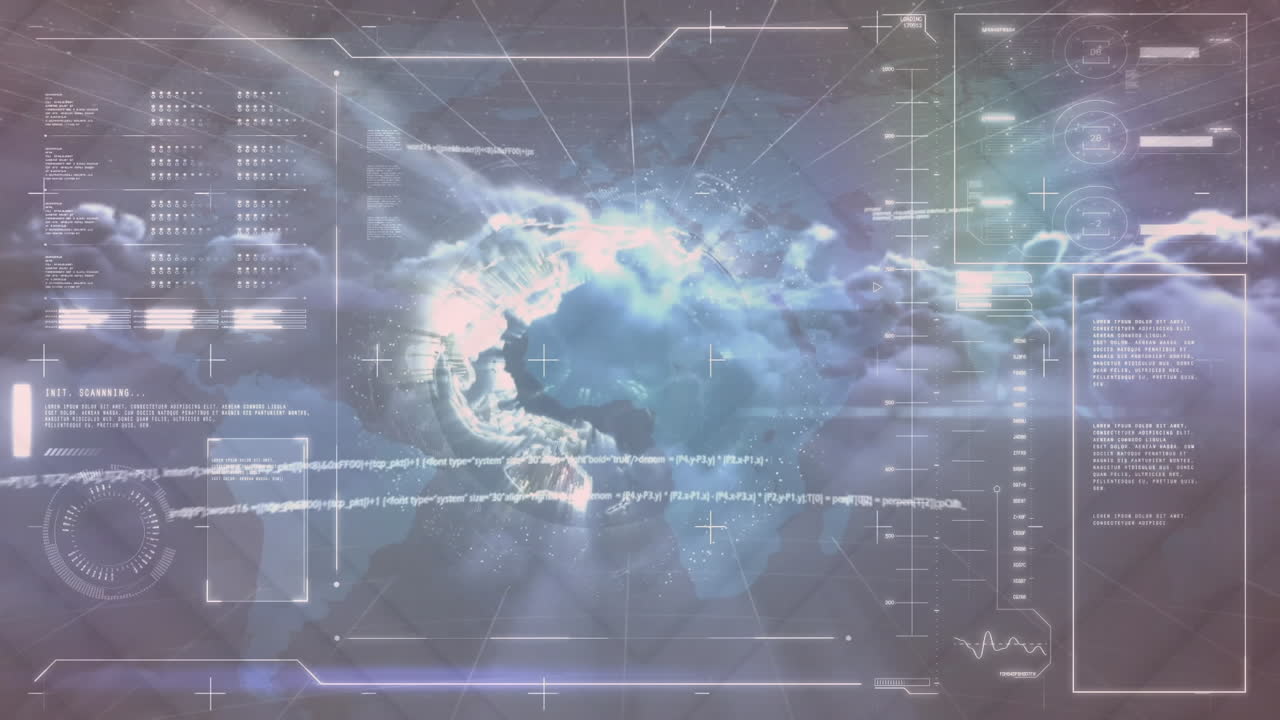 animación del procesamiento de datos y globo sobre fondo negro