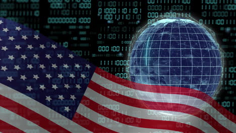 bandera estadounidense ondeando sobre globo digital y animación de código binario