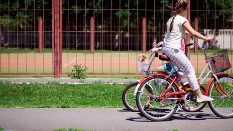 two girls ride outdoor bicycles