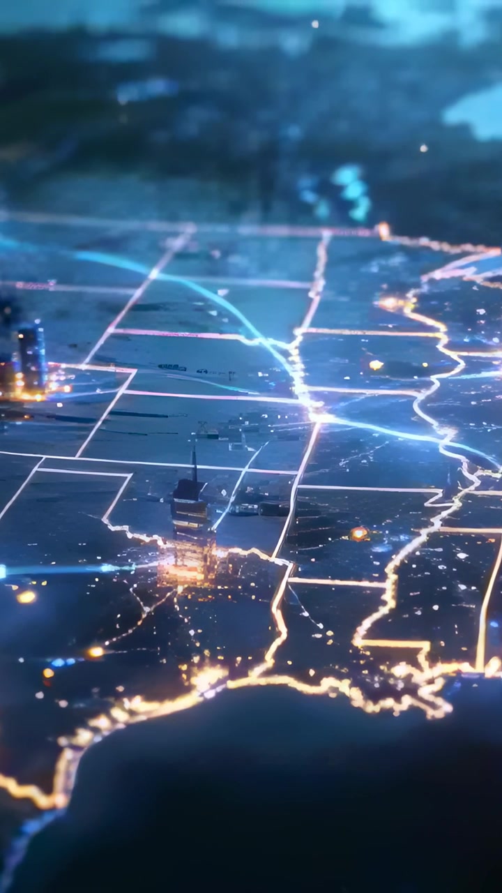 Vertical video: Advancing blue arc guiding stylized southern US map, lighting routes and node links