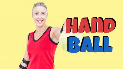 animación de texto de balonmano sobre una jugadora de balonmano caucásica sonriente sosteniendo la pelota
