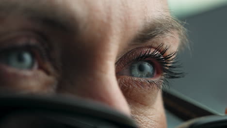 woman wears black sunglasses - protective eyewear. - closeup shot