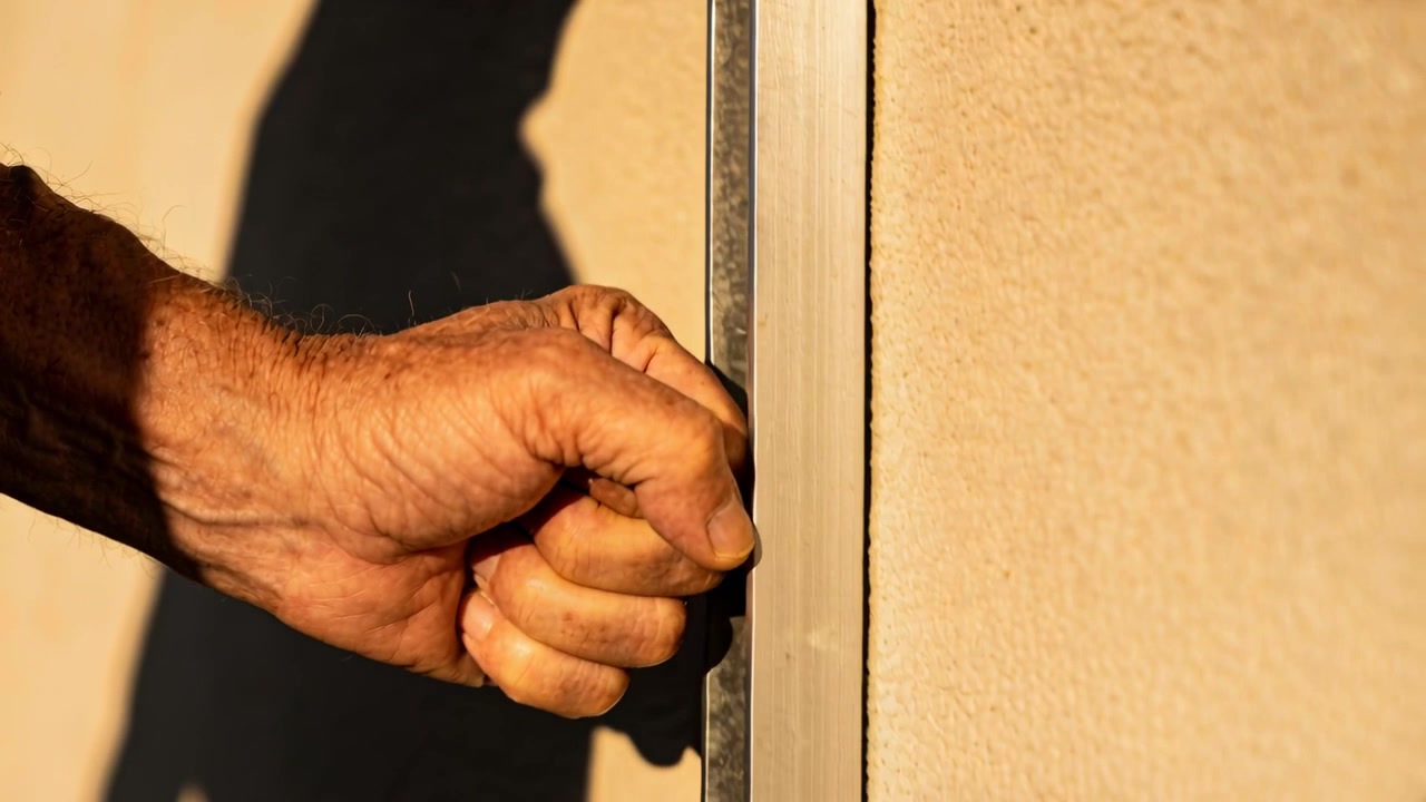 Mano destra che si avvicina e si chiude su un rivestimento verticale su una parete di stucco, testando la presa con l'avambraccio nudo.