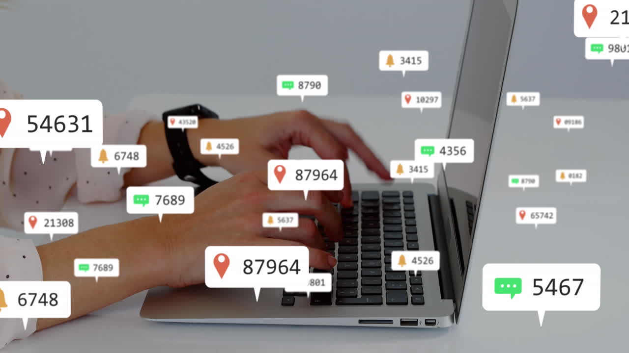 animación de números e iconos en cajas de mensajes, sección media de una mujer caucásica trabajando en una computadora portátil