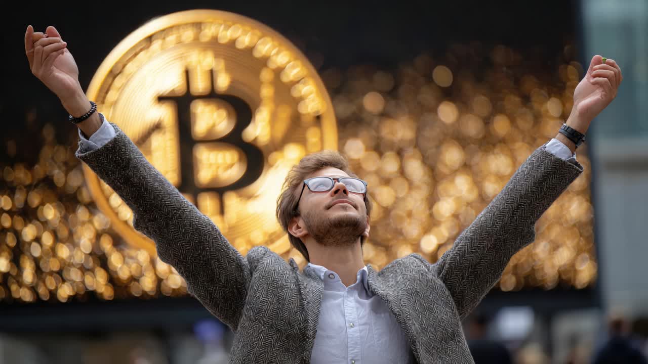 Celebration of Cryptocurrency Success: A young man with glasses joyfully raises his arms in front of a glowing Bitcoin emblem, symbolizing triumph in the digital currency world