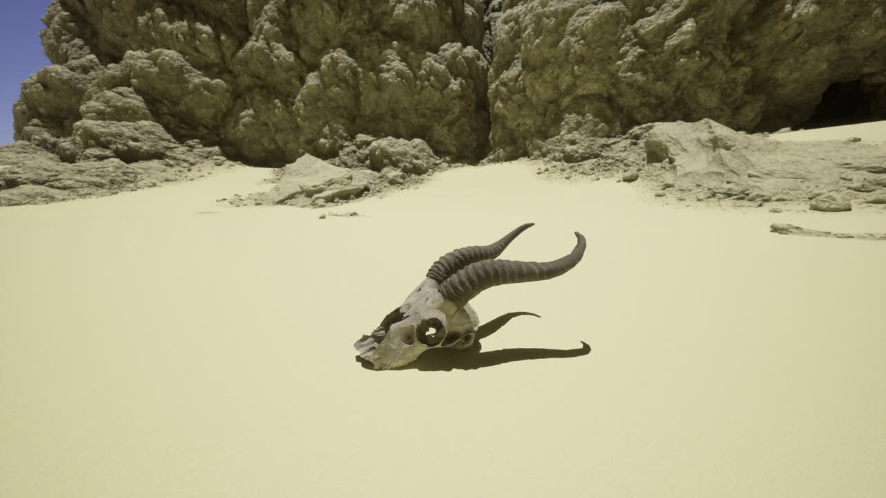 Ram skull on sand near rocky formations in desert landscape