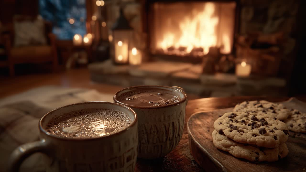 Noche acogedora junto a la chimenea: Un escenario perfecto con chocolate caliente y galletas recién horneadas para la máxima relajación y confort.