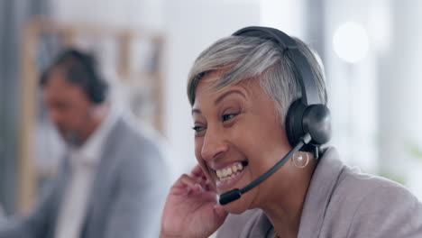 happy woman, face and call center with headphones