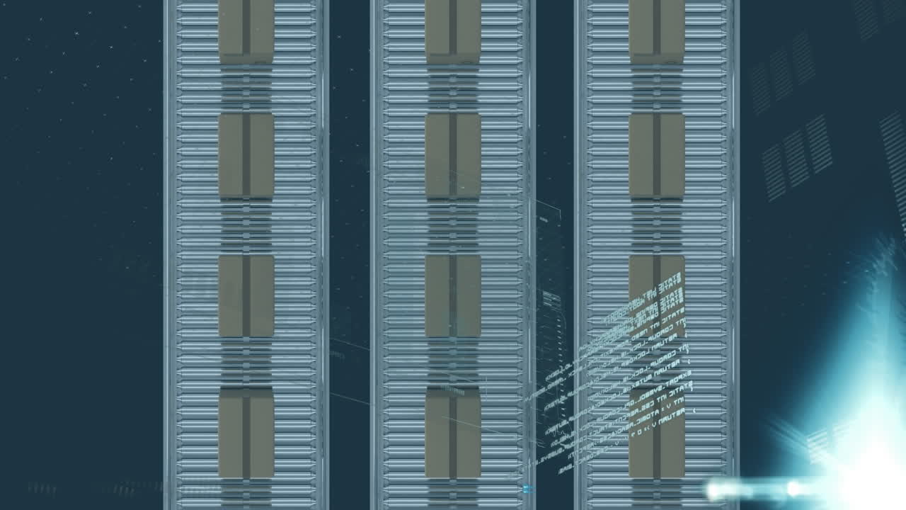 창고의 컨베이어 벨트에 있는 카드보드 상자 위에서 금융 데이터 처리의 애니메이션