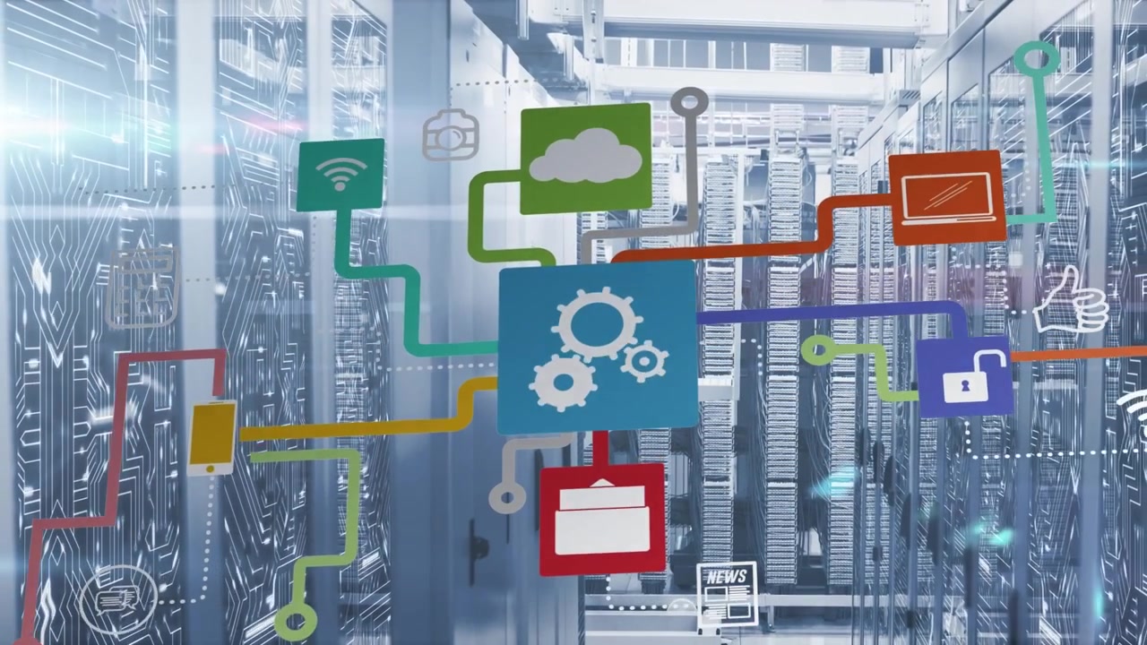 Digital Network Icons Connecting in a Modern Data Center