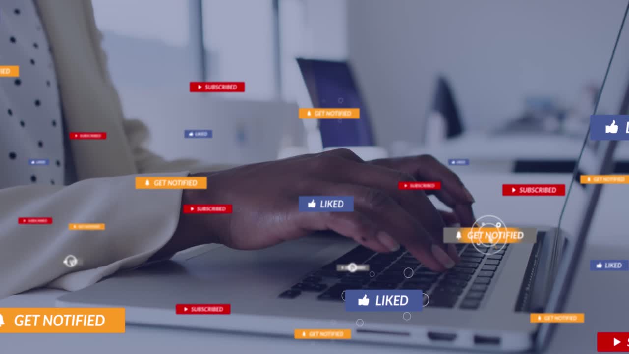 Animation of social media icons with texts over african american woman using laptop