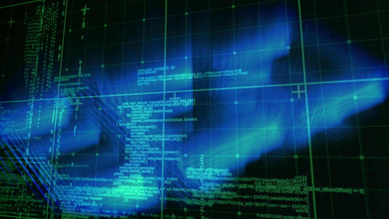 Animation of blue trails and data processing on black background