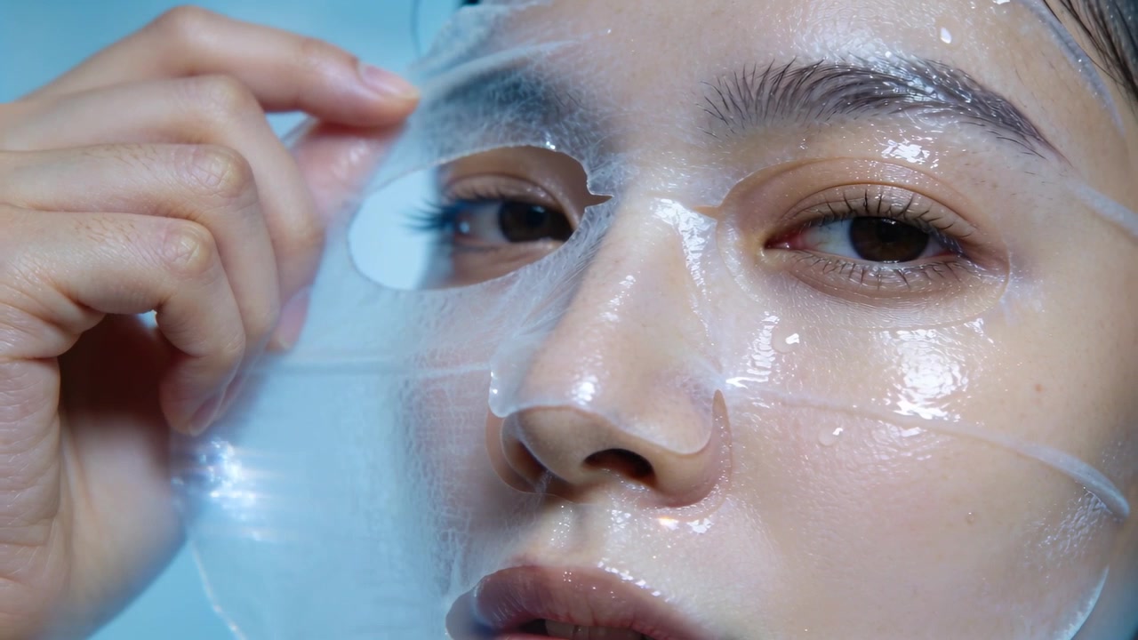 Mujer asiática quitándose una mascarilla, sosteniendo el borde, levantando la mascarilla de hidrogel en un estudio, revelando una piel radiante.