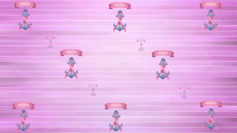 animation of multiple pink ribbon anchor logo and breast cancer text glowing on pink background