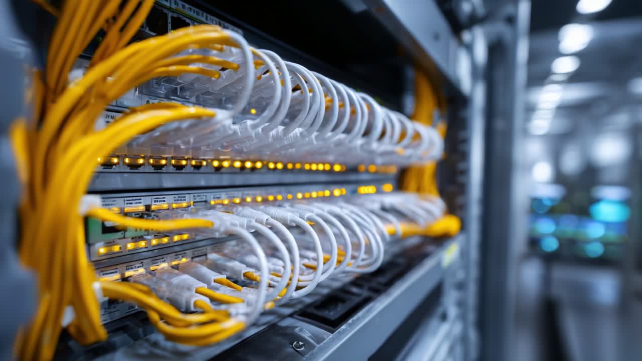 Detailed View of Server Rack Cables and Ports Highlighting Data Connectivity in a Modern Data Center Infrastructure Setup, Showcasing Network Technology