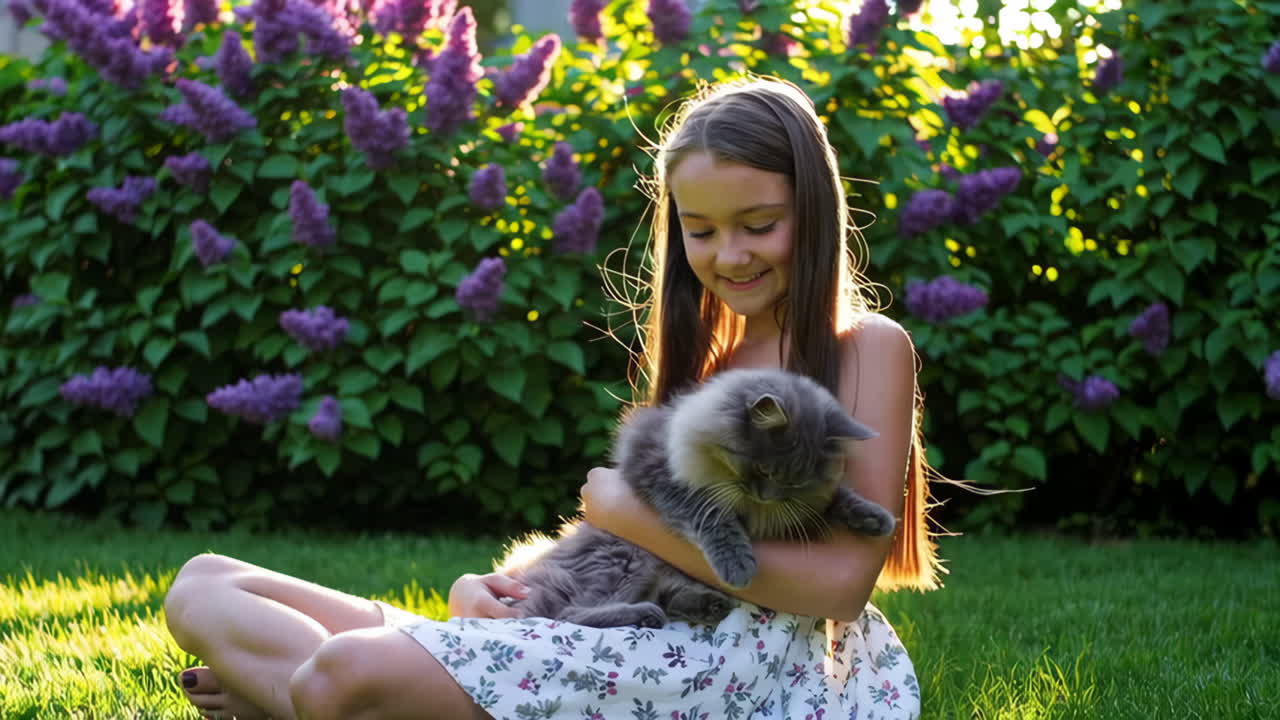 Young girl playing with her cat in a sunny garden