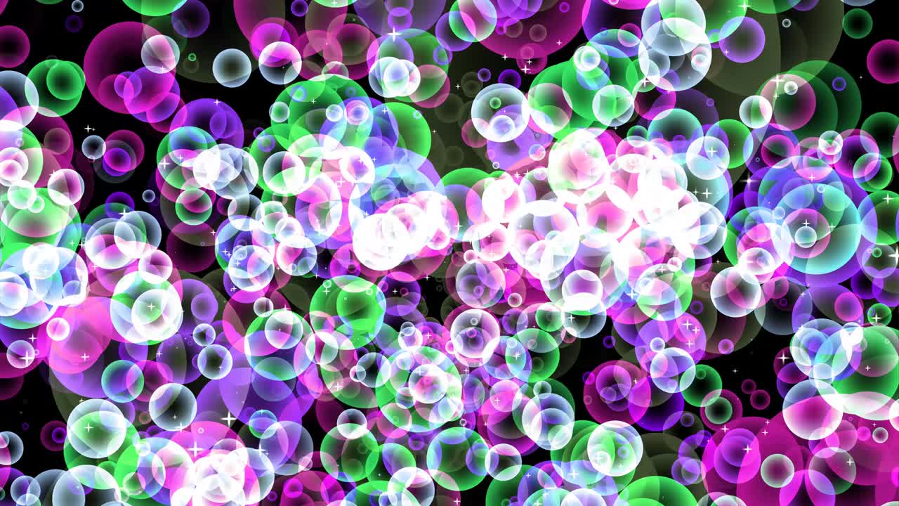 검은 스크린에 색 별과 함께 검은 화면에 떠있는 마젠타와 어두운 보라색 거품과 함께 녹색 흐릿한 흐릿함