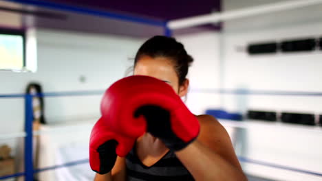 aggressive fit woman wearing red boxing gloves boxing