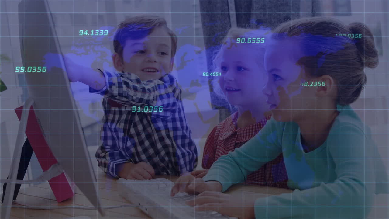 컴퓨터를 사용하는 다양한 학교 학생을 대상으로 금융 데이터 처리의 애니메이션