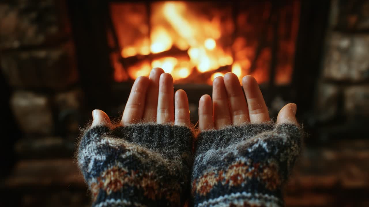 Cozy Warmth: A Pair of Hands Wrapped in Knitted Gloves Embracing the Comforting Flames of a Rustic Fireplace on a Chill Evening