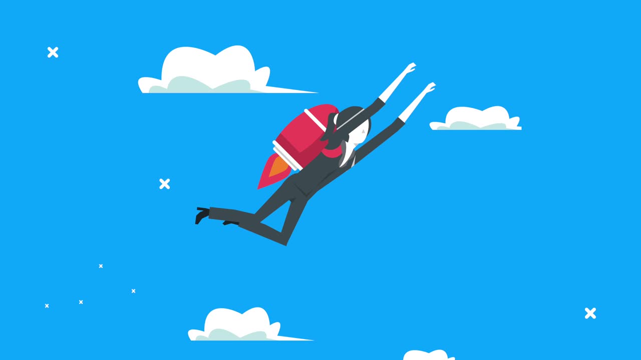 elegante trabajador de negocios volando con un cohete en el cielo